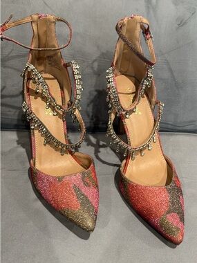 Embellished Pink Glitter Pointed-Toe Ankle-Strap Heels